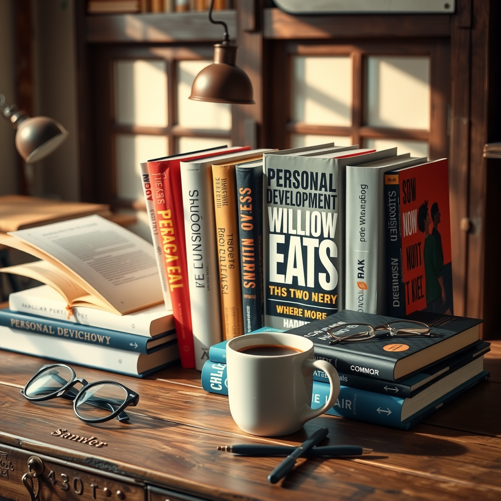 Curated collection of personal development books arranged on a rustic wooden desk with soft natural lighting, reading glasses, and a warm cup of coffee, representing the journey of self-improvement and learning