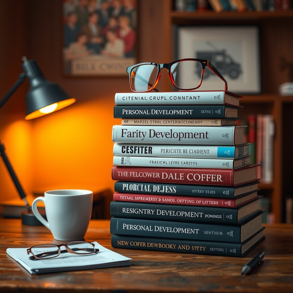 Carefully curated collection of personal development and self-improvement books stacked on a wooden desk with warm ambient lighting, reading glasses, and a cup of coffee, representing the journey of continuous learning and growth