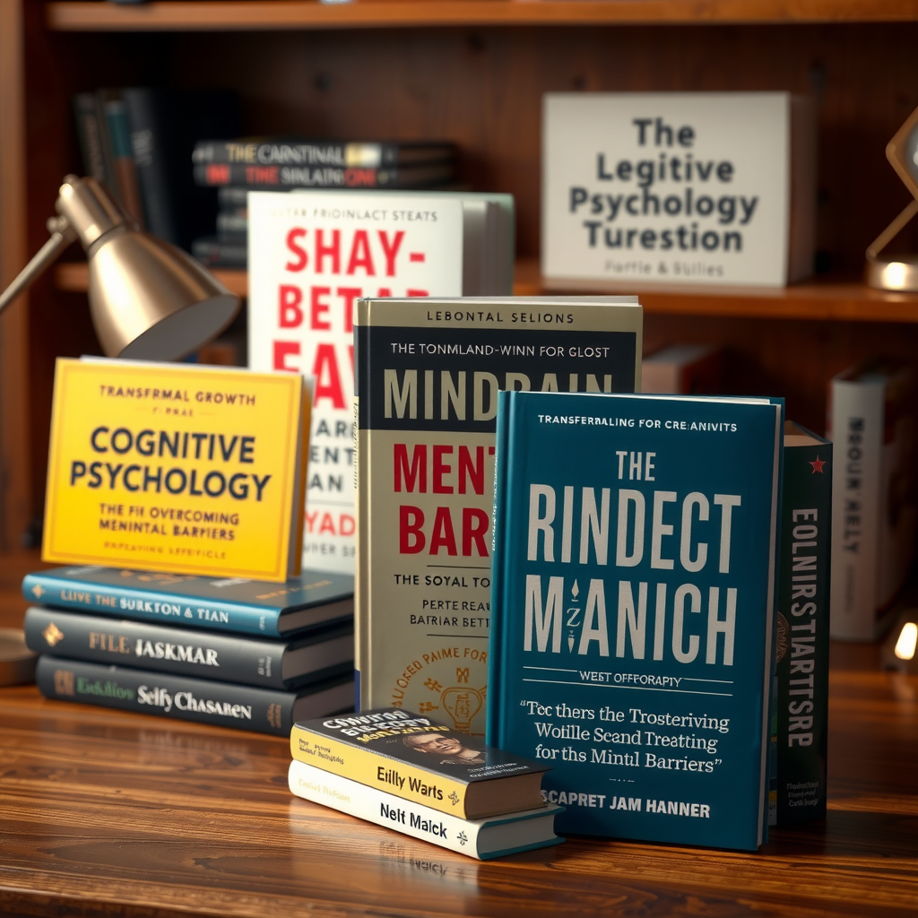 Collection of transformative books on mindset and personal growth, featuring titles on cognitive psychology and overcoming mental barriers, arranged on a wooden desk with warm lighting