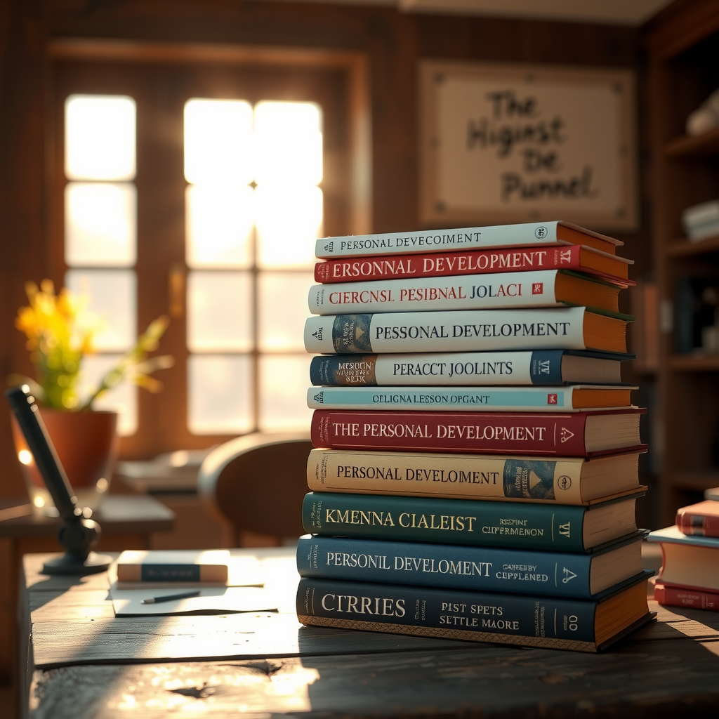 Stack of inspiring personal development books arranged on a rustic wooden desk with warm morning sunlight streaming through a nearby window, creating a cozy reading atmosphere
