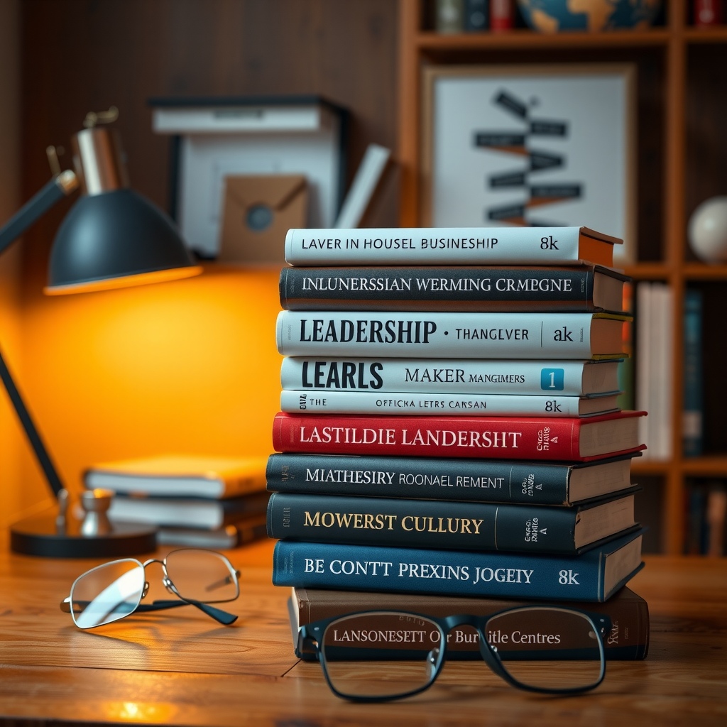Stack of influential leadership books arranged on a wooden desk with reading glasses and a warm lamp, creating an inviting atmosphere for learning about business management and organizational culture
