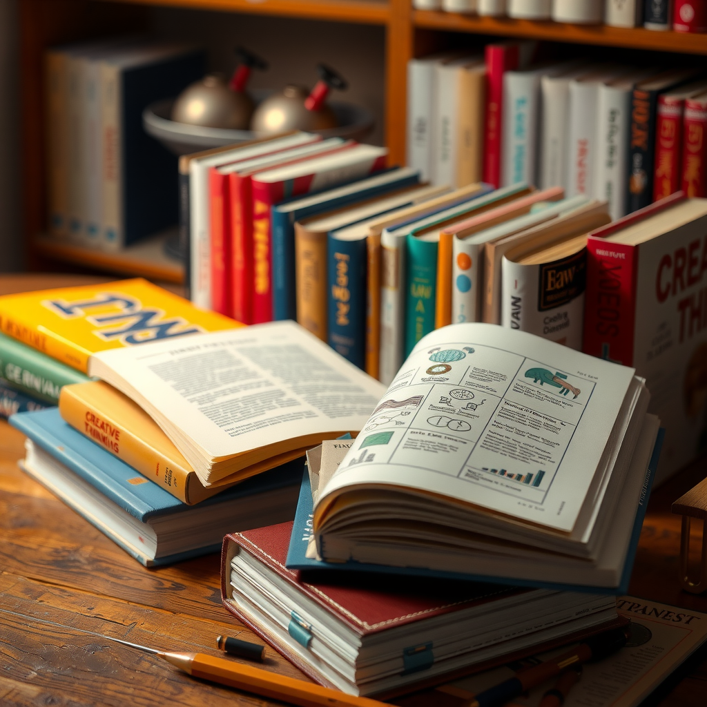 A curated collection of creative thinking books arranged on a wooden desk with warm lighting, featuring colorful spines and open pages showing diagrams and illustrations about innovation and problem-solving