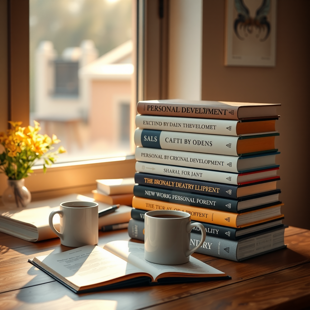 Stack of personal development books arranged on a warm wooden desk with a steaming cup of coffee and an open journal, bathed in soft morning light streaming through a window
