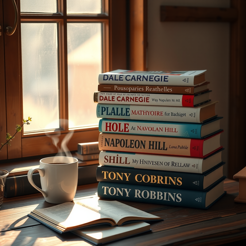 Stack of motivational books including titles by Dale Carnegie, Napoleon Hill, and Tony Robbins arranged on a rustic wooden desk with a steaming cup of coffee, morning sunlight streaming through a window creating warm shadows, inspirational quote journal open beside the books