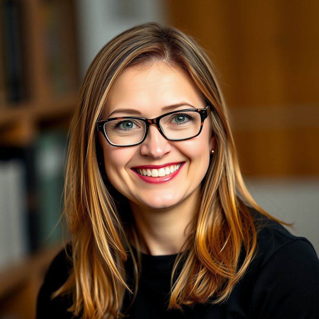 Sarah Mitchell, Chief Curator at BankBagu, professional headshot of a woman with glasses and warm smile, expert in personal development literature
