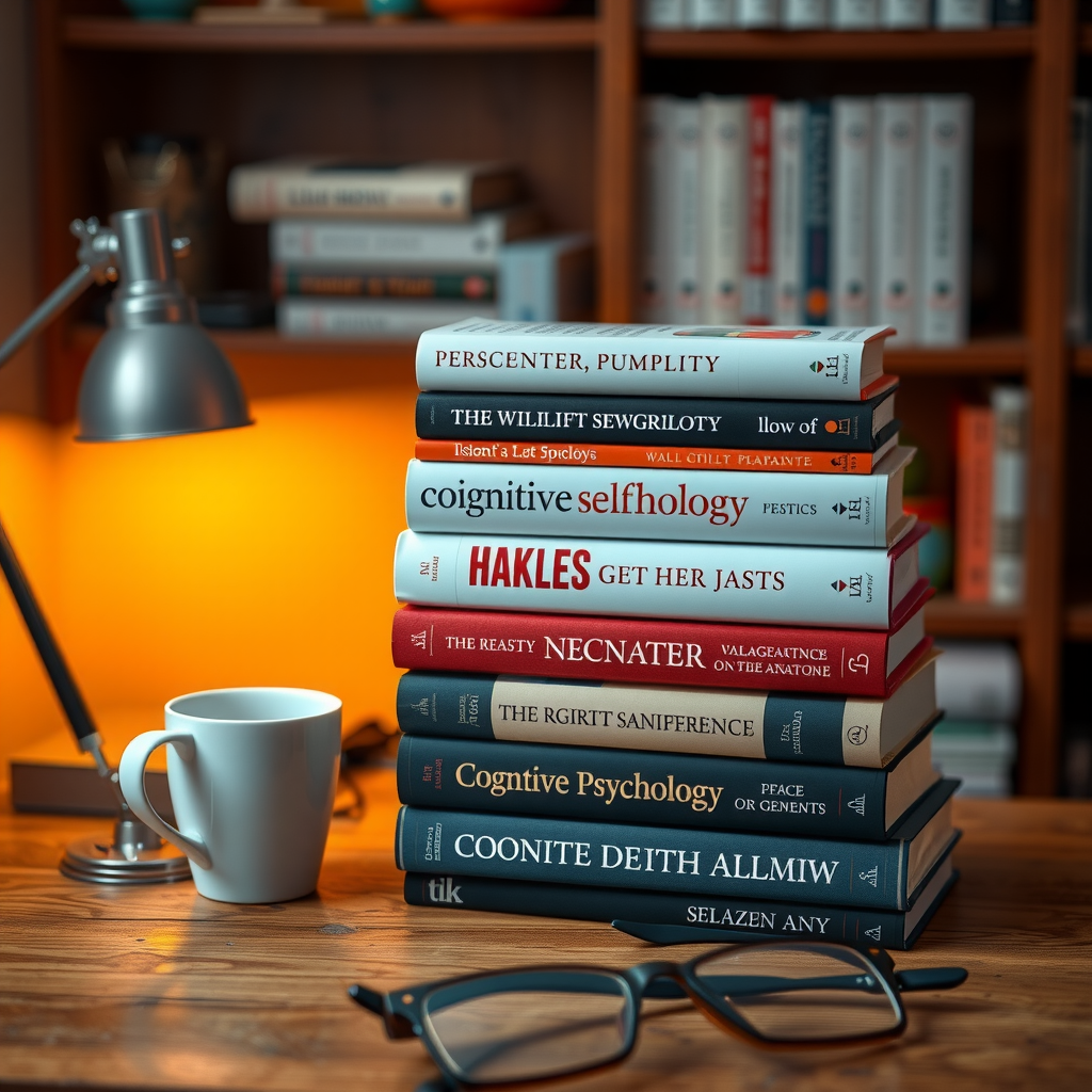 Stack of inspiring self-help books on a wooden desk with warm lighting, featuring titles about cognitive psychology and personal growth, surrounded by reading glasses and a cup of coffee