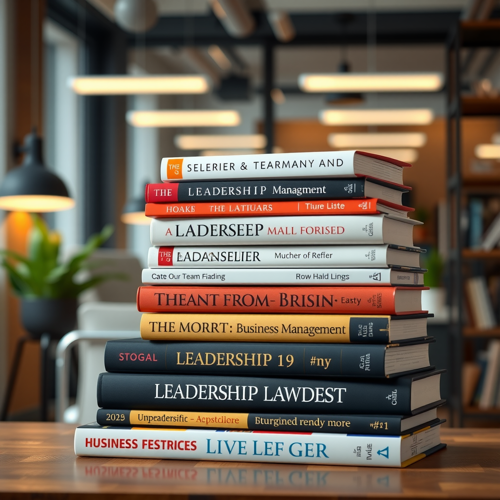 Stack of influential leadership and business management books with modern office background, showcasing titles that transformed organizational culture and team building practices