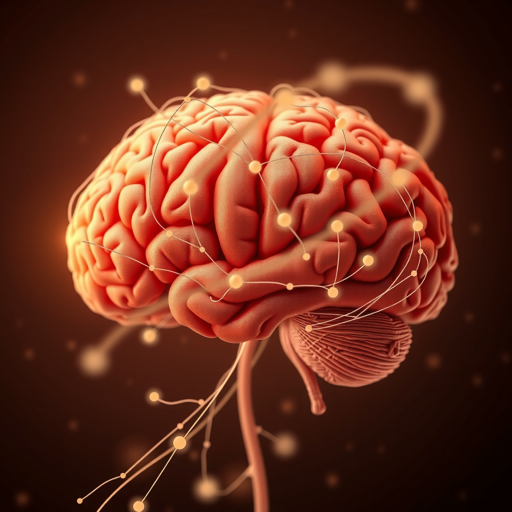 Scientific illustration showing brain neural pathways and the habit loop cycle of cue, routine, and reward, rendered in warm earth tones with detailed anatomical accuracy