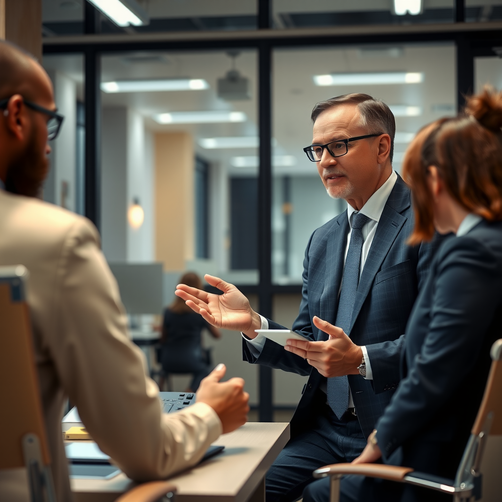 Professional business leader in modern office setting engaged in one-on-one mentoring session with team member, demonstrating servant leadership principles through active listening and supportive guidance