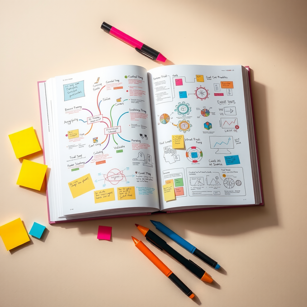 An open book showing colorful mind maps, sketches, and creative thinking diagrams with highlighters and sticky notes scattered around on a cream-colored surface