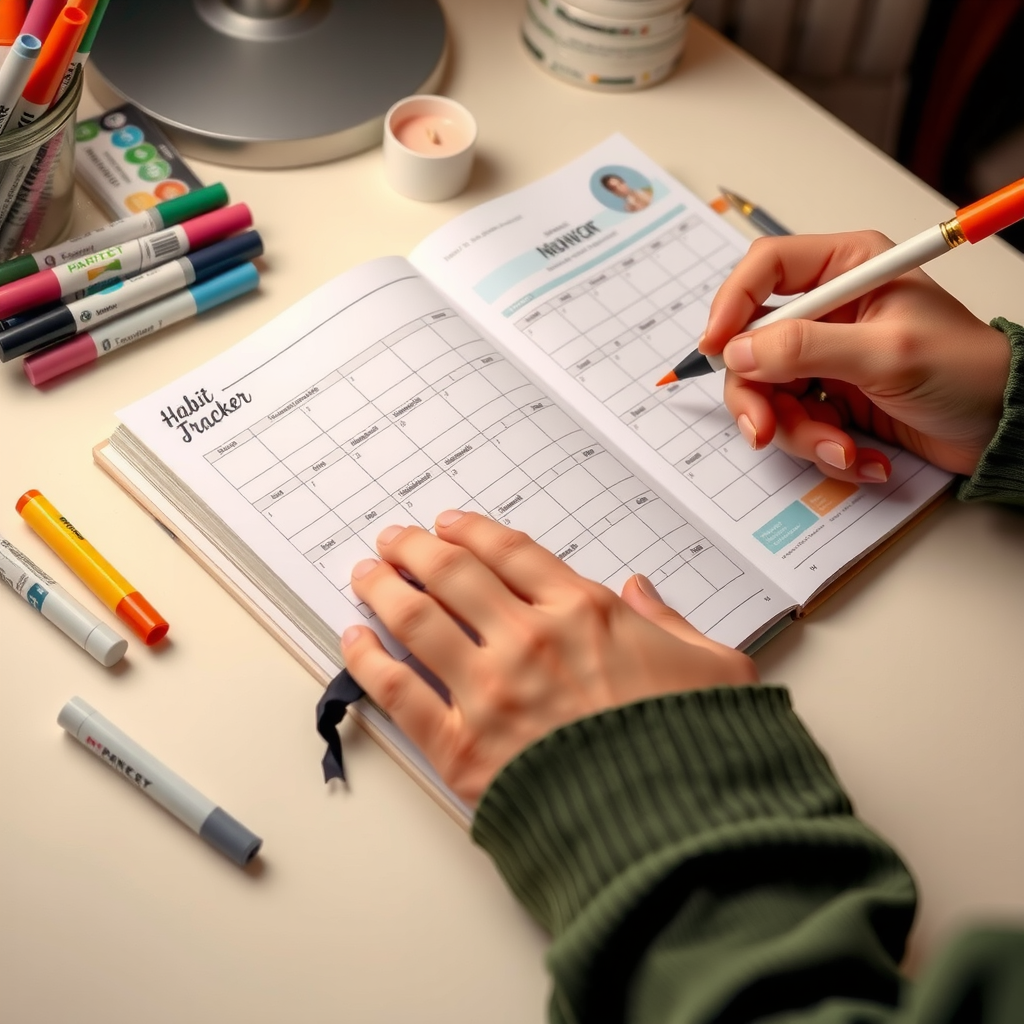 Close-up of hands writing in a beautifully designed habit tracker journal with colorful markers and stickers, showing a month of consistent progress tracking on a cream-colored desk