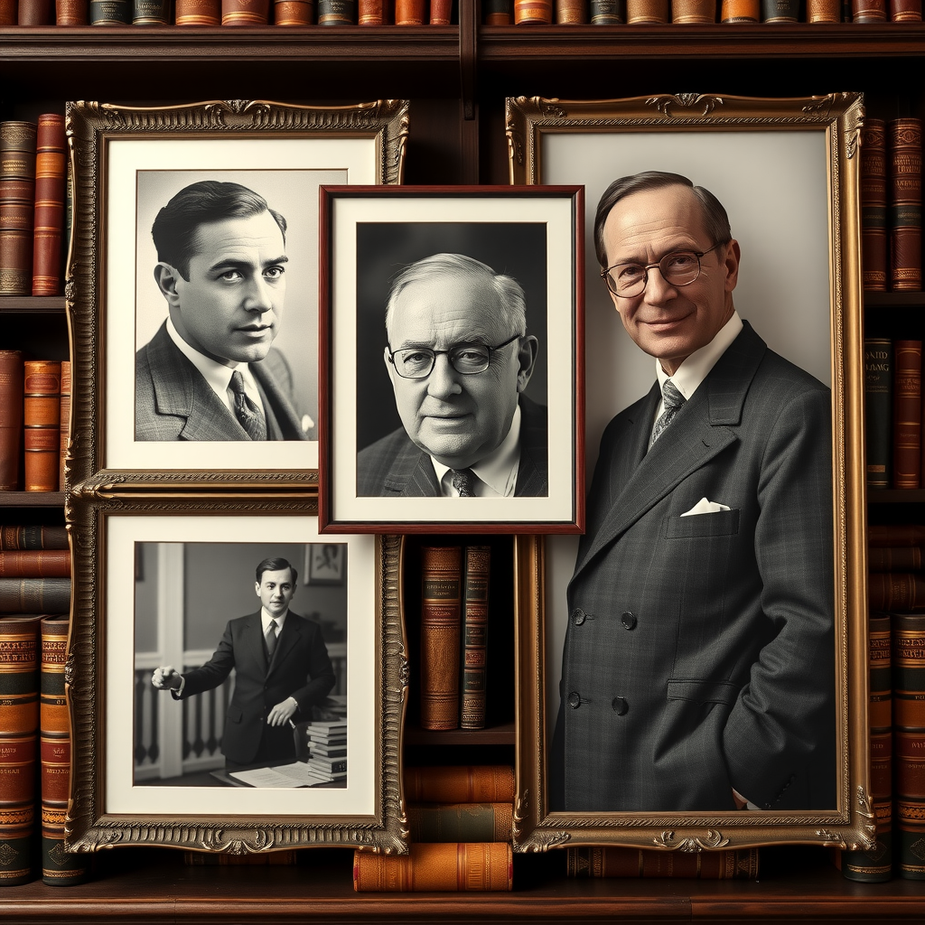 Vintage-style portrait collection featuring black and white photographs of Dale Carnegie, Napoleon Hill, and Norman Vincent Peale in classic 1930s-1950s attire, arranged in ornate frames on a library wall with leather-bound books visible in the background