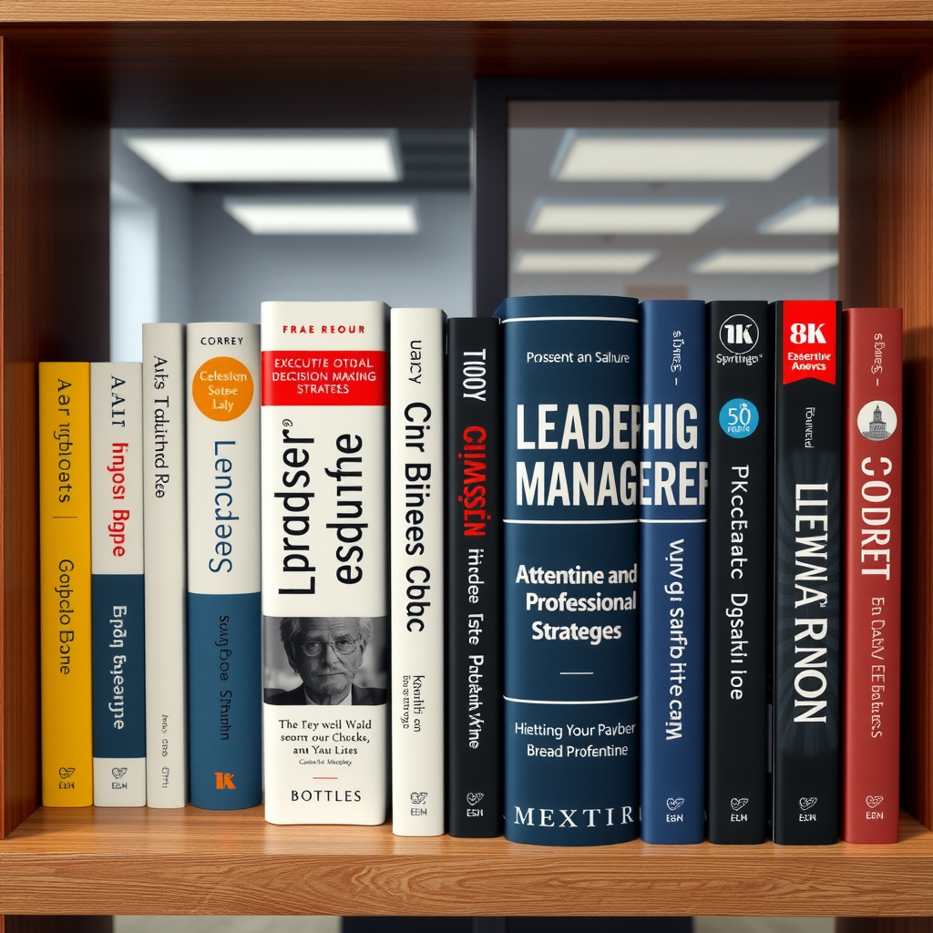 Professional business books about leadership and management arranged on a modern office bookshelf, with titles visible about organizational culture, team building, and executive decision-making strategies