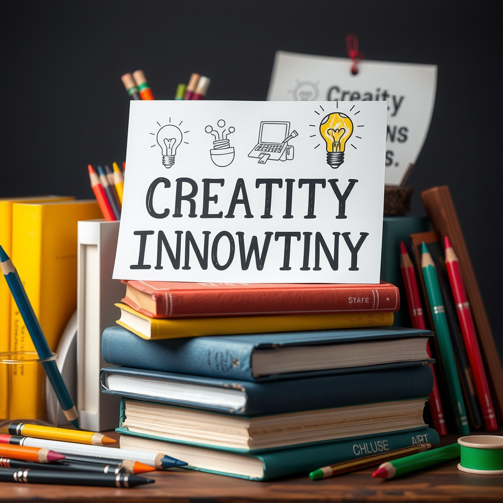 Artistic arrangement of books about creativity and innovation with colorful art supplies, lightbulb, and sketches representing imaginative problem-solving and original thinking