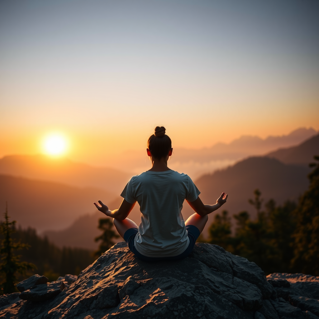 Peaceful scene of a person sitting in meditation pose on a mountain overlook during golden hour sunrise, surrounded by misty valleys and evergreen trees, conveying inner strength and tranquility