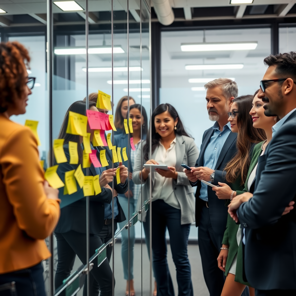 Diverse business team engaged in collaborative workshop session with sticky notes on glass wall, demonstrating modern organizational culture and team building practices in bright, contemporary office space