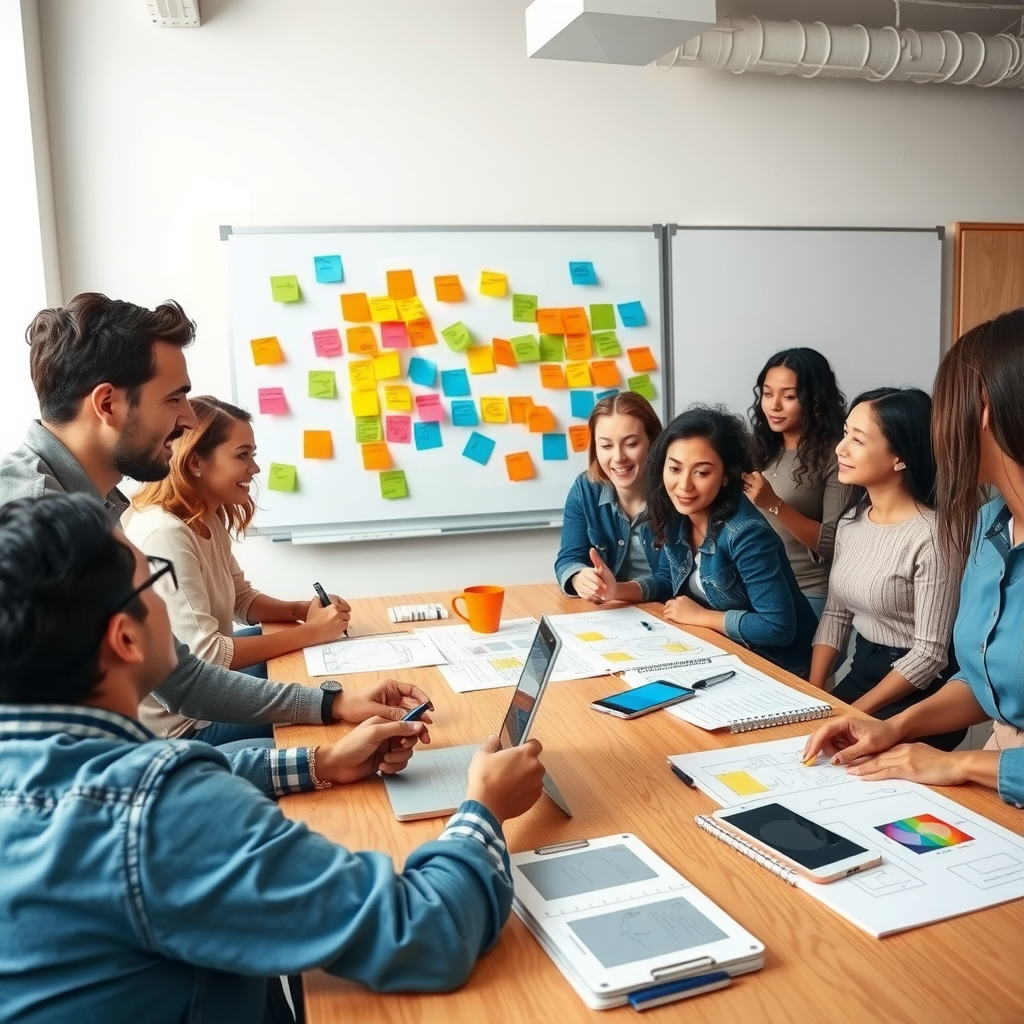 A diverse group of people in a bright, modern workspace engaged in a creative brainstorming session with colorful sticky notes on a whiteboard, sketches, and prototypes on the table