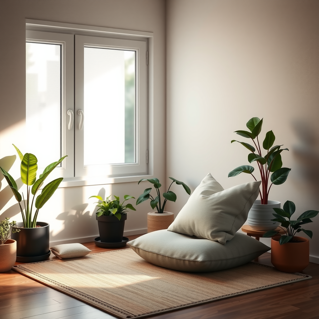 Serene meditation corner with a comfortable cushion, potted plants, and soft natural lighting creating a peaceful atmosphere for mindfulness practice and self-reflection