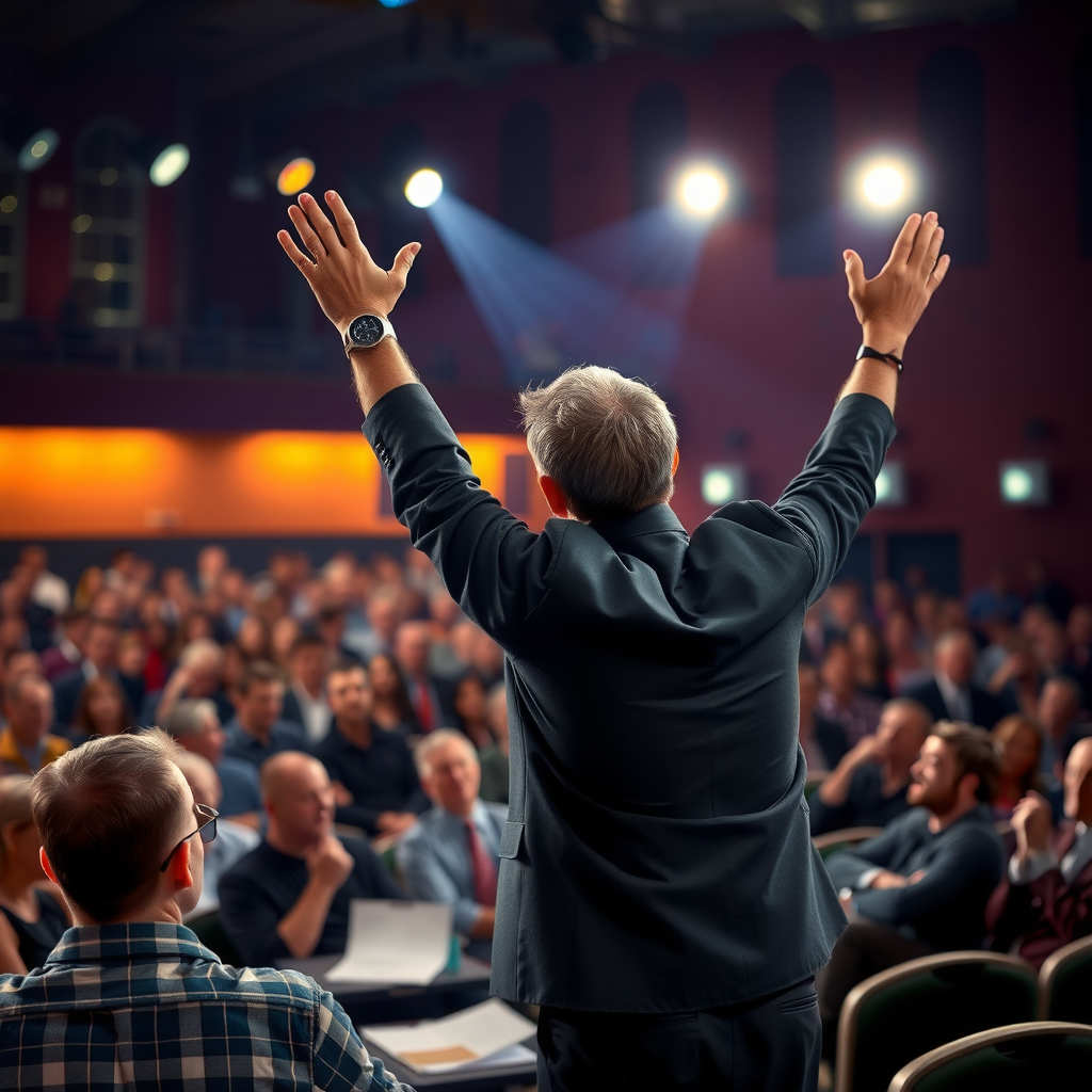 Dynamic photograph of Tony Robbins on stage at a motivational seminar, arms raised energetically, speaking to a packed auditorium with dramatic stage lighting, audience members visible in foreground taking notes and engaged in the presentation