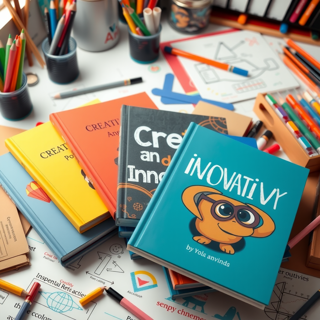 Colorful collection of creativity and innovation books spread on a bright workspace with art supplies, sketches, and brainstorming notes, representing imaginative thinking and problem-solving techniques