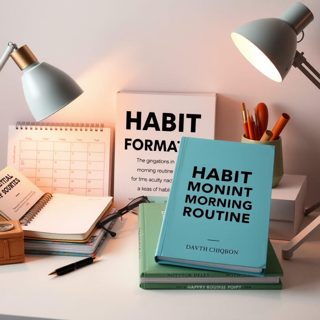 Books about habit formation and personal development displayed with journal, calendar, and morning routine items on a clean minimalist desk representing daily practices and behavior change