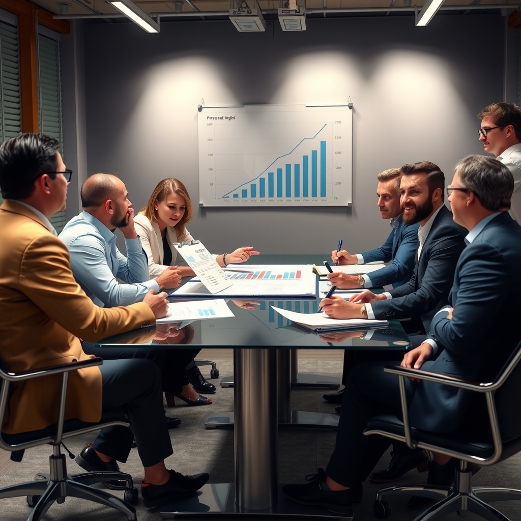 Executive leadership team gathered around conference table in strategic planning session, with charts and documents visible, demonstrating trust-based collaboration and accountability in modern business environment