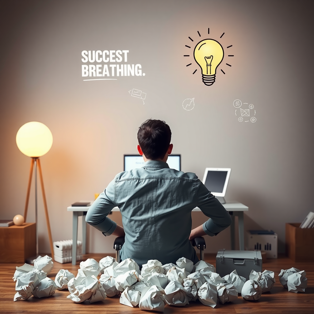 A person sitting at a desk with crumpled paper balls around them, then shown having a breakthrough moment with a lightbulb illustration above their head, surrounded by successful sketches and ideas