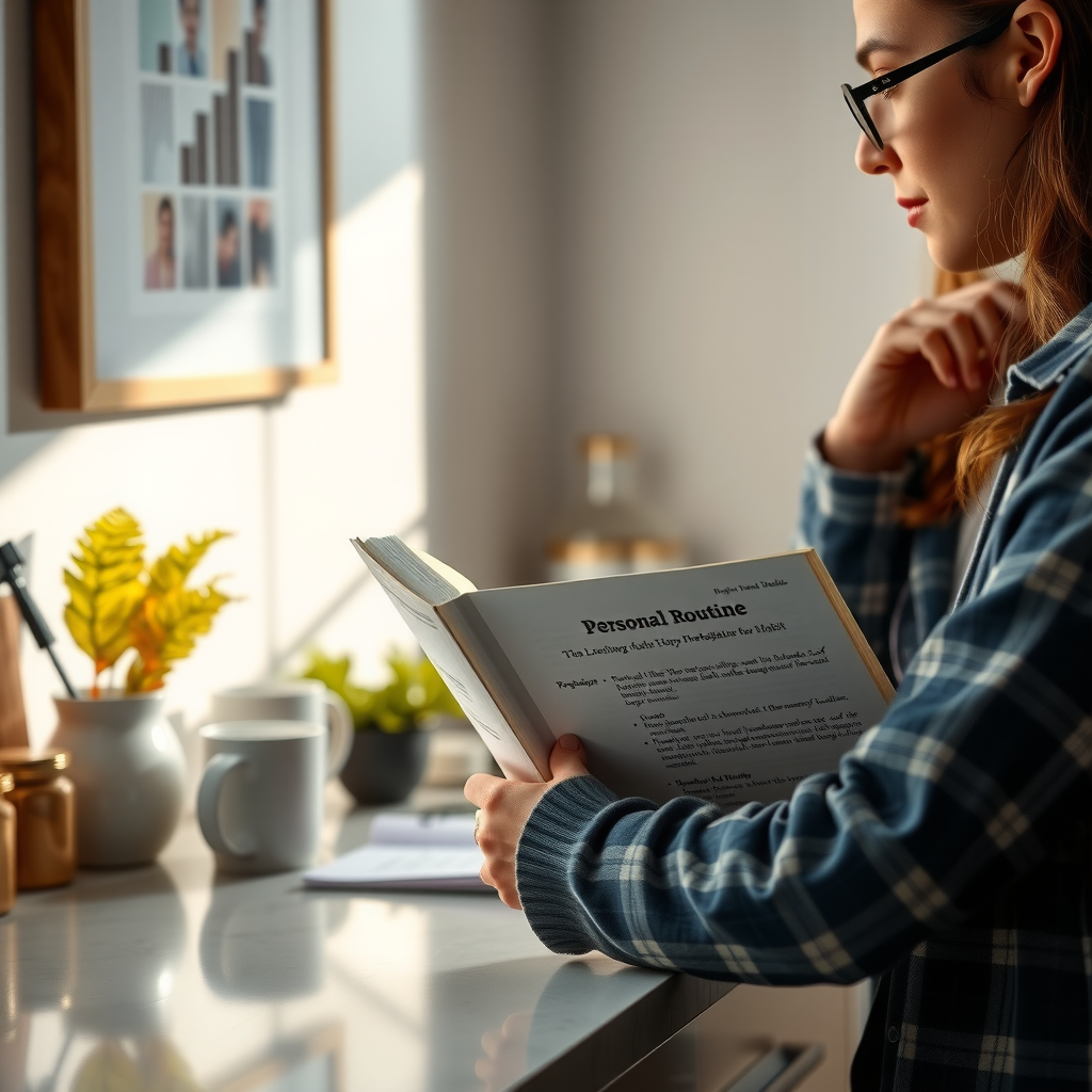 Individual following their morning routine with a personal development book open on the counter, showing the practical application of habit strategies in daily life with natural morning light