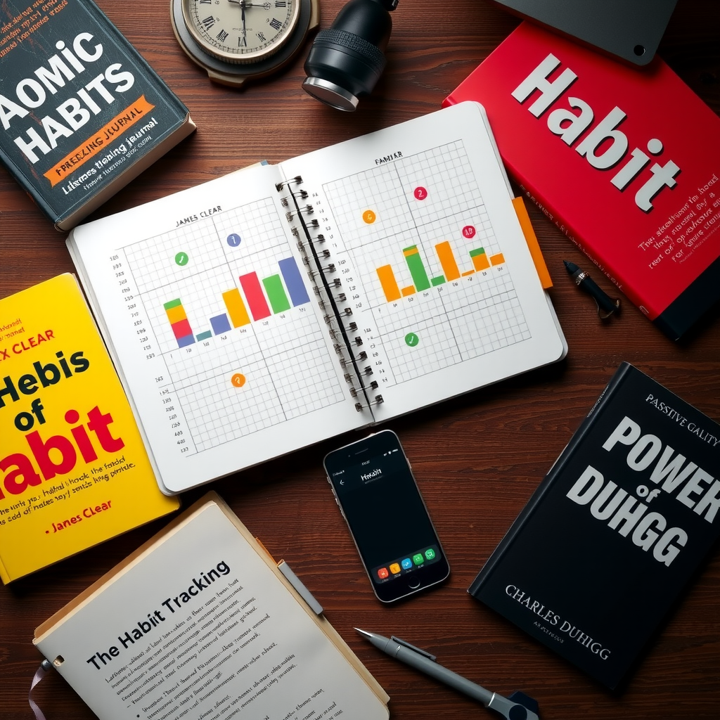 Overhead view of a habit tracking journal open on a desk showing colorful progress charts and checkmarks, surrounded by books including Atomic Habits by James Clear, The Power of Habit by Charles Duhigg, and a smartphone displaying a habit tracking app