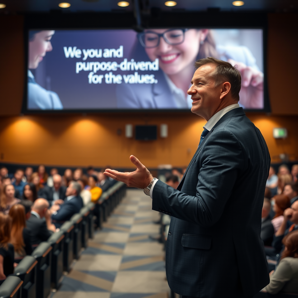 Charismatic business leader delivering inspiring presentation to engaged audience in modern auditorium, with purpose-driven messaging visible on large screen, demonstrating effective communication of organizational vision and values