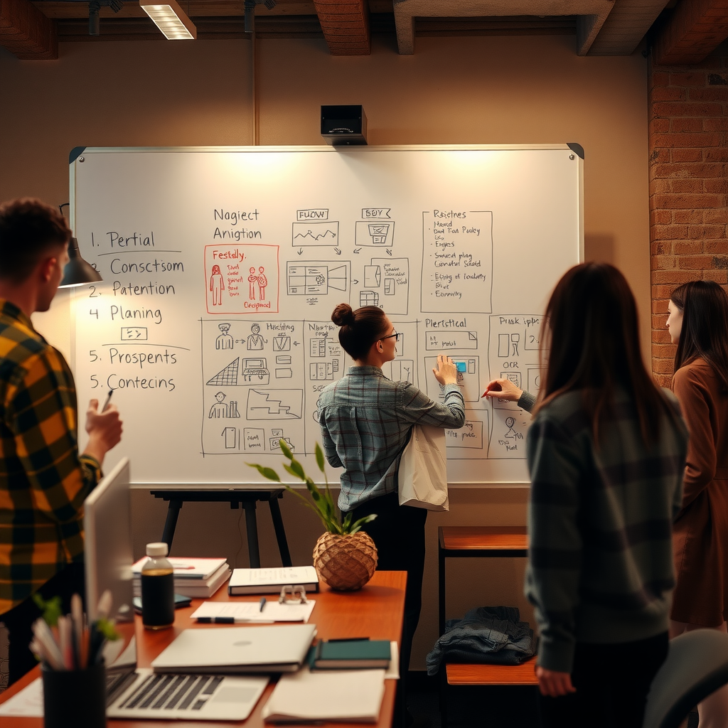 A collaborative workspace with multiple people working together on a large project board, sharing ideas, sketching concepts, and building on each other's contributions in a warm, inviting environment