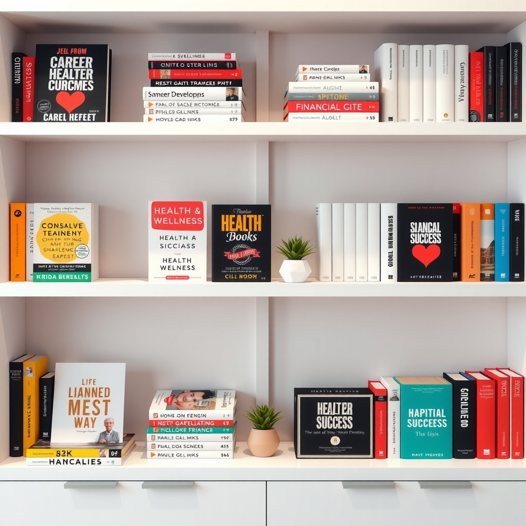 Diverse collection of motivational books arranged by category on modern white shelves, including sections for career development, health and wellness, relationships, and financial success, with small potted succulents placed between book stacks