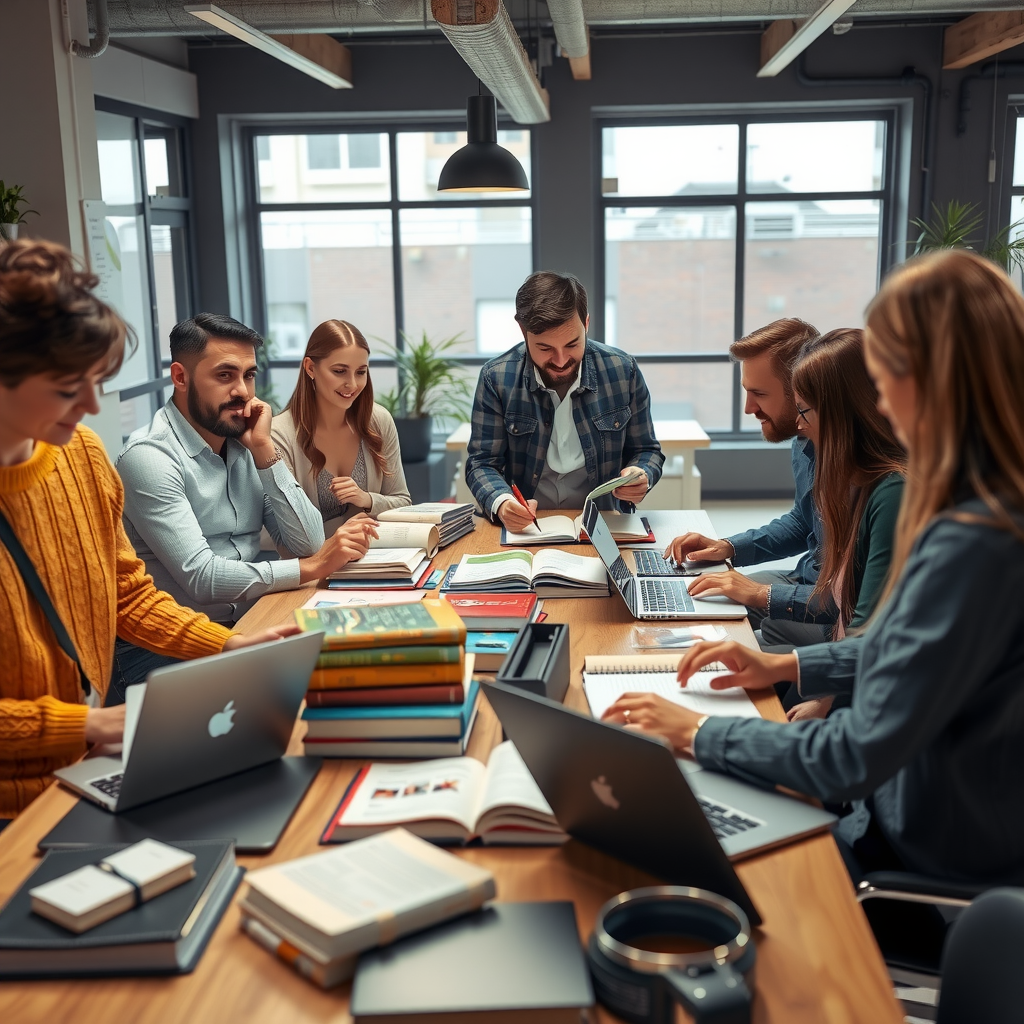 BankBagu team members collaborating around a table covered with books, notebooks, and laptops, engaged in the book curation and review process in a bright, modern office space
