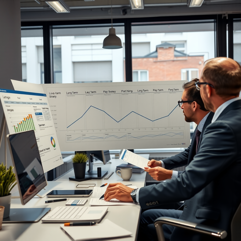 Business strategists working on long-term planning with timeline charts and vision boards in modern office, representing infinite game thinking and sustainable business strategy development