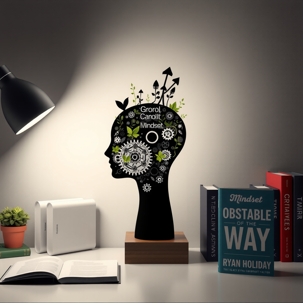 Artistic representation of growth mindset concept showing a human head silhouette filled with growing plants, gears, and upward arrows, surrounded by books including Mindset by Carol Dweck and The Obstacle Is the Way by Ryan Holiday on a minimalist desk