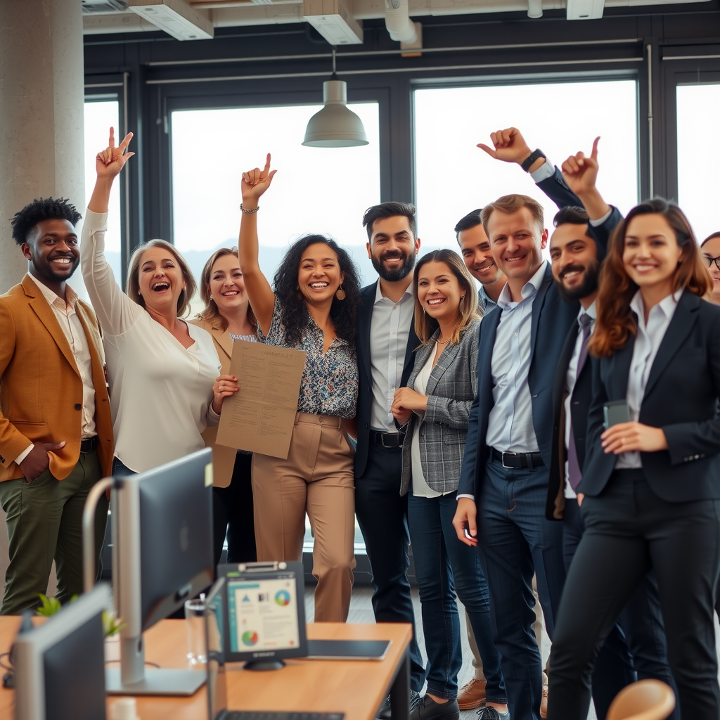 Successful diverse business team celebrating achievement in modern office with natural lighting, representing the culmination of effective leadership practices and positive organizational culture