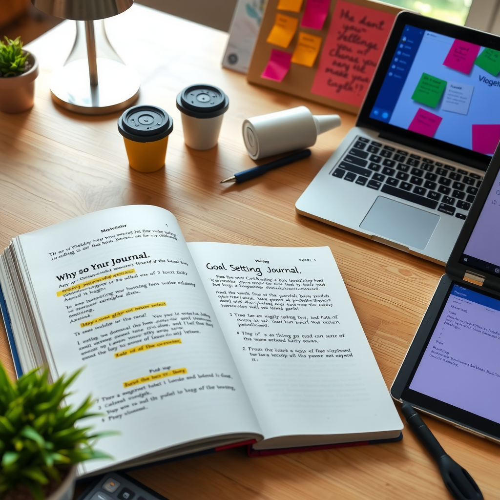 Organized workspace showing an open motivational book with highlighted passages, a goal-setting journal with written action steps, colorful sticky notes on a vision board, and a laptop displaying a productivity app, all arranged on a clean wooden desk with natural lighting